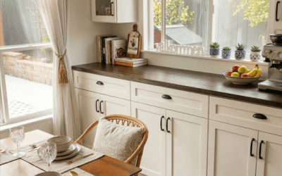 Bright, airy kitchen with white cabinets, a windowed sink area, and a cozy dining nook.