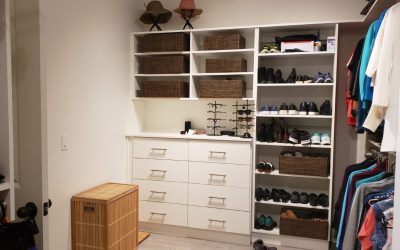 A luxury walk‑in closet with designer handbags, shoes, and elegant lighting for a boutique‑style display.